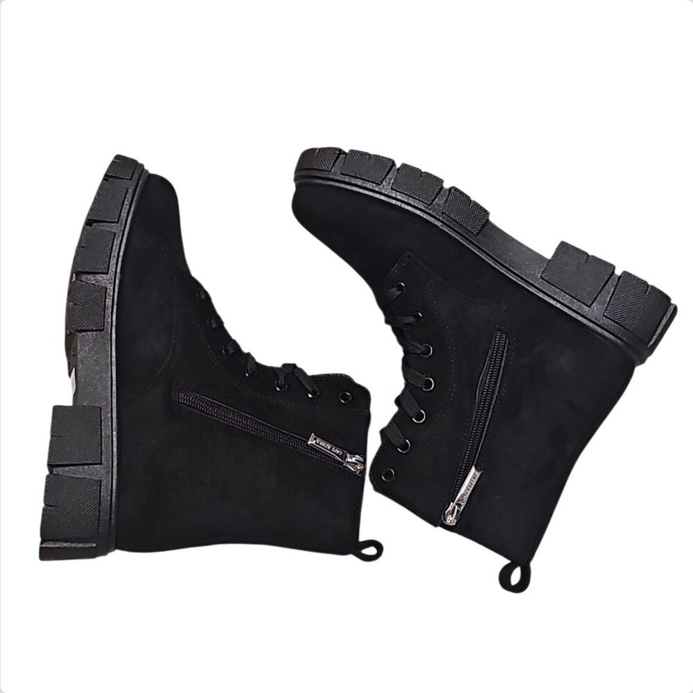 Black Chunky Platform Lace-Up Ankle Boots With Side Zipper Faux Suede Material W - Picture 5 of 7